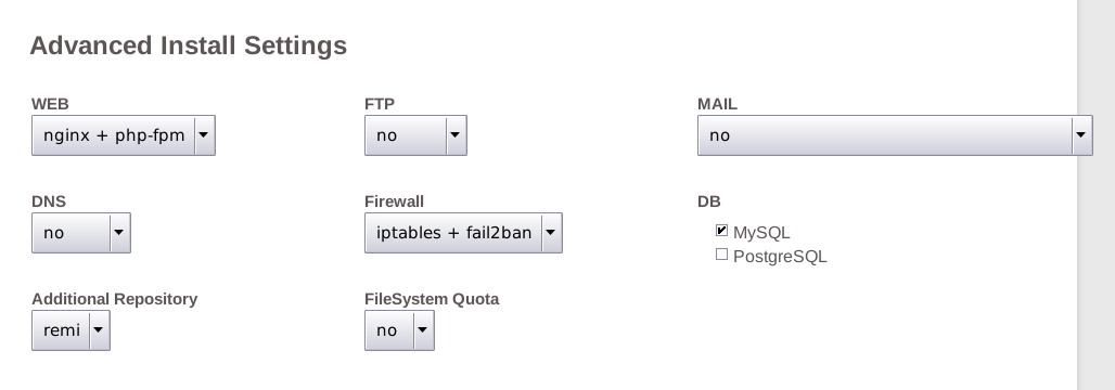 VestaCP advanced install settings