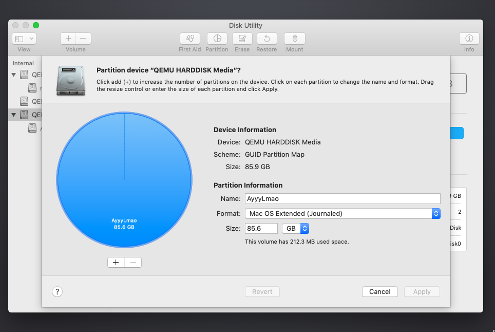 Partitioning QEMU Drive on Linux for macOS